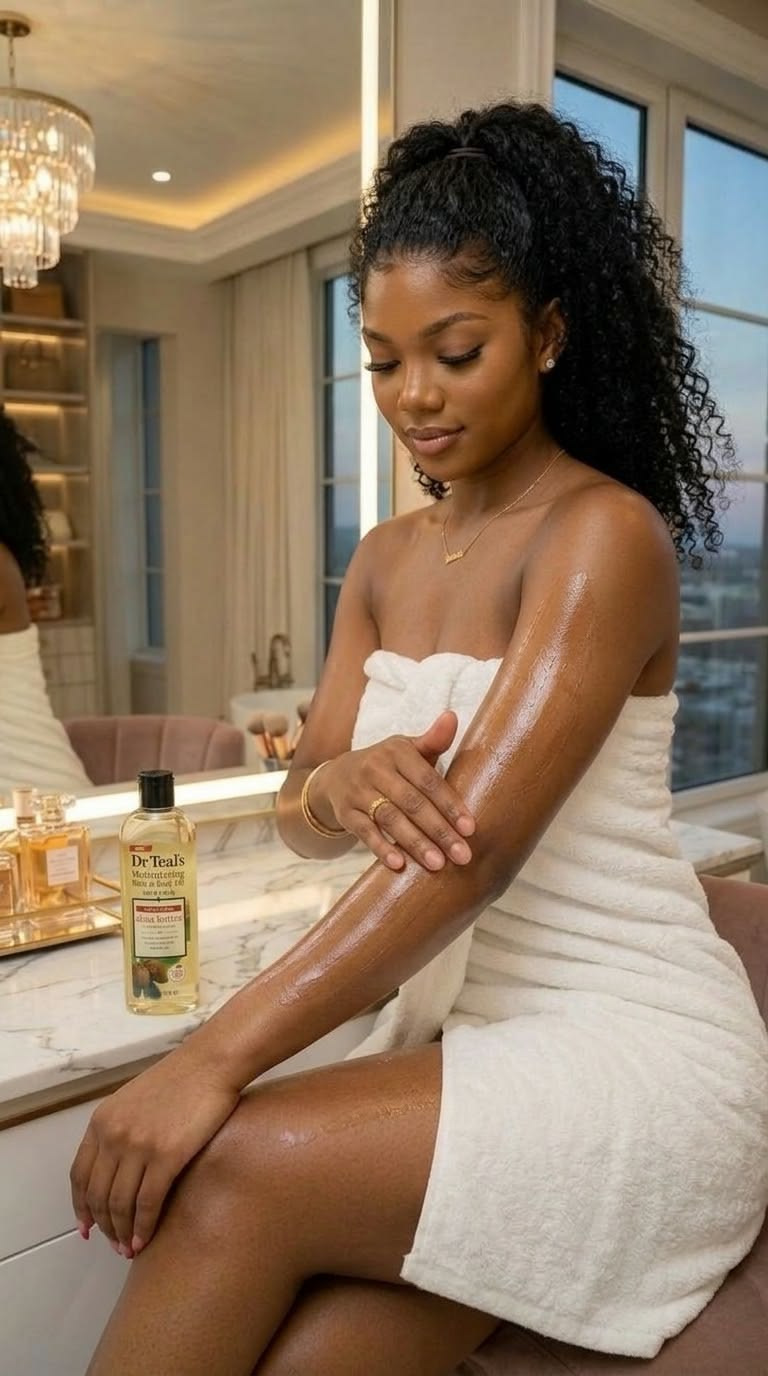Woman enjoying a body-care moment after applying lotion