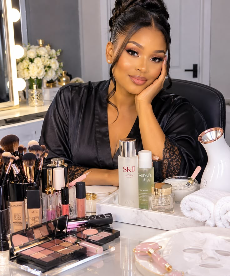 Skincare and makeup arranged for an everyday getting-ready ritual